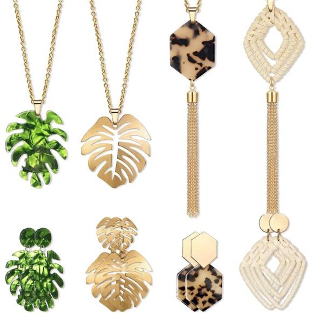 8 Pcs- 4 sets  Boho Necklace and Earring Sets for Women  Rattan Earrings